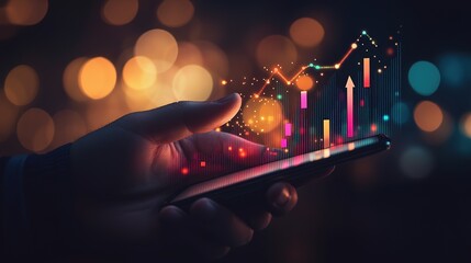 A hand holding a smartphone displays colorful data visualizations against a blurred background, symbolizing financial analysis and data trends.