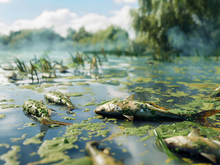 Fototapeta premium serene yet troubling scene of polluted lake, featuring dead fish surrounded by green algae and lily pads. water reflects surrounding nature, highlighting environmental impact
