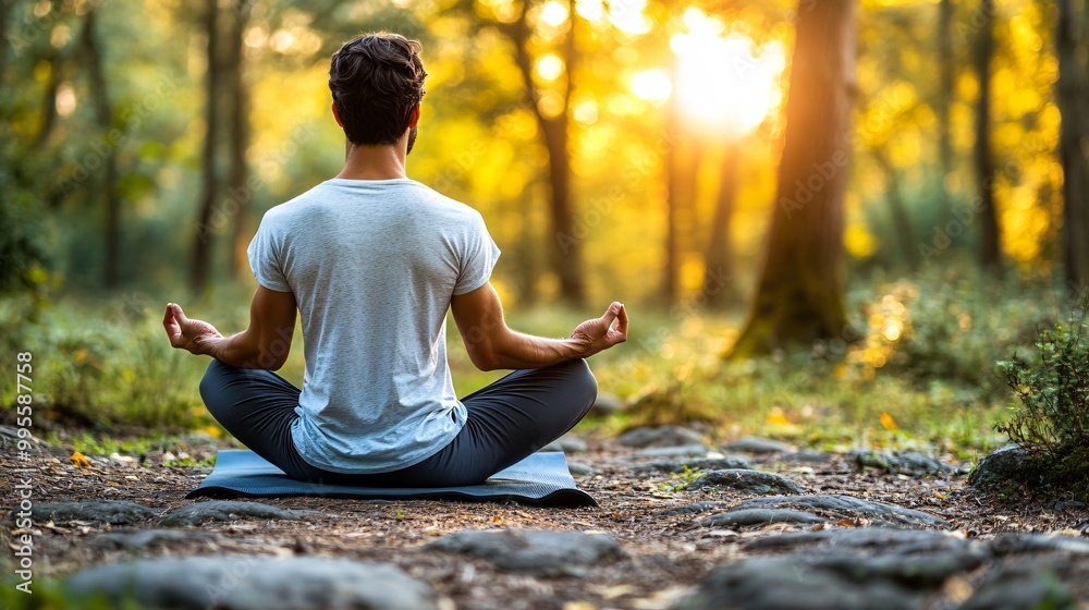 Poster a peaceful individual practicing yoga in the middle of a forest symbolizing connection with nature m