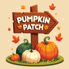 Pumpkin Patch wooden sign colorful cartoon pumpkins autumn leaves illustration fall decoration