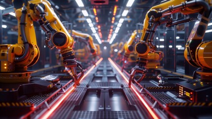 Fototapeta premium Advanced Robotic Arms in a High-Tech Factory Setting for Efficient Manufacturing Processes