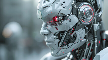 Fototapeta premium Portrait of an android robot, concept of technical support. Neural network AI generated art