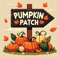 Pumpkin patch sign with colorful pumpkins, vector illustration, fall harvest, autumn banner