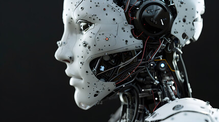 Fototapeta premium Portrait of an android robot, concept of technical support. Neural network AI generated art