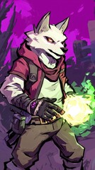 Anthropomorphic Wolf with glowing orb, purple background