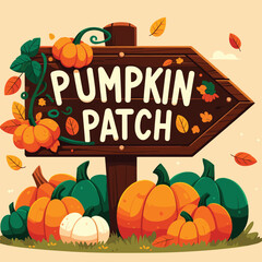 Pumpkin patch sign with vibrant pumpkins and autumn leaves, festive fall theme, vector illustration