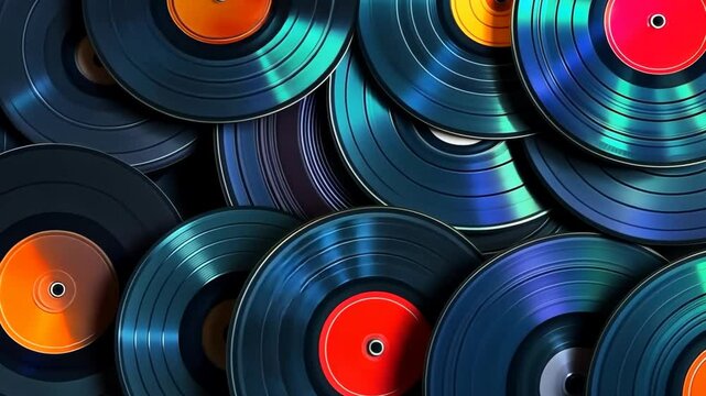 Captivating display of shimmering vinyl records rotating in an abstract background