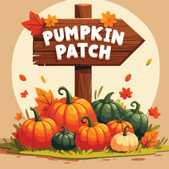 Pumpkin patch sign with vibrant pumpkins, vector illustration, festive autumn greeting card