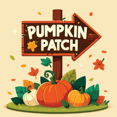 Bright pumpkin patch sign with autumn leaves and pumpkins, vector illustration, fall festival poster