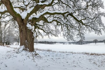 Majestic Beech Tree Overlooking a Snowy Countryside Road in a Serene Winter Landscape with Frost-Covered Hills