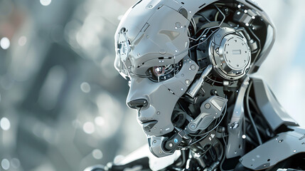 Fototapeta premium Portrait of an android robot, concept of technical support. Neural network AI generated art