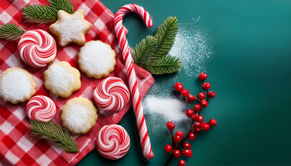 Eine Sammlung von festlichen und weihnachtlichen Zuckerstangen und Keksen, auf einem rot-weiß karierten Tuch. Die Szene ist mit Puderzucker und Tannenzweigen dekoriert. aussreichend Platz für Text.