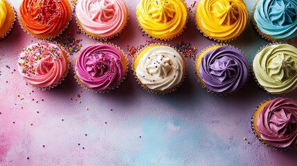 A colorful array of cupcakes with icing and sprinkles