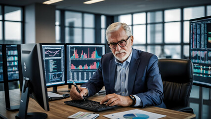 The Stock Market Strategist:  A seasoned, confident businessman focused on financial data, a master of his domain, navigating the complex world of stock market analysis.
