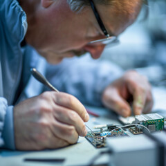 Obraz premium Expert Technician with Precision Screwdriver Conducting Delicate Repair on Electronic Device Against a Clean Workbench Backdrop