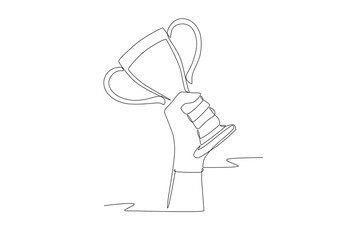 Hand holding trophy. Trophy concept one-line drawing