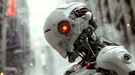 Fototapeta premium Portrait of an android robot, concept of technical support. Neural network AI generated art