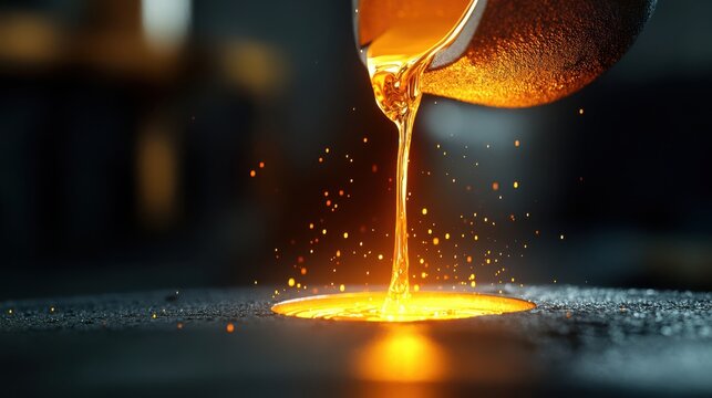 Liquid gold pouring into a mold, glowing brightly in a dark workshop, molten gold, metalwork and crafting --ar 16:9 --personalize h8br4gk 