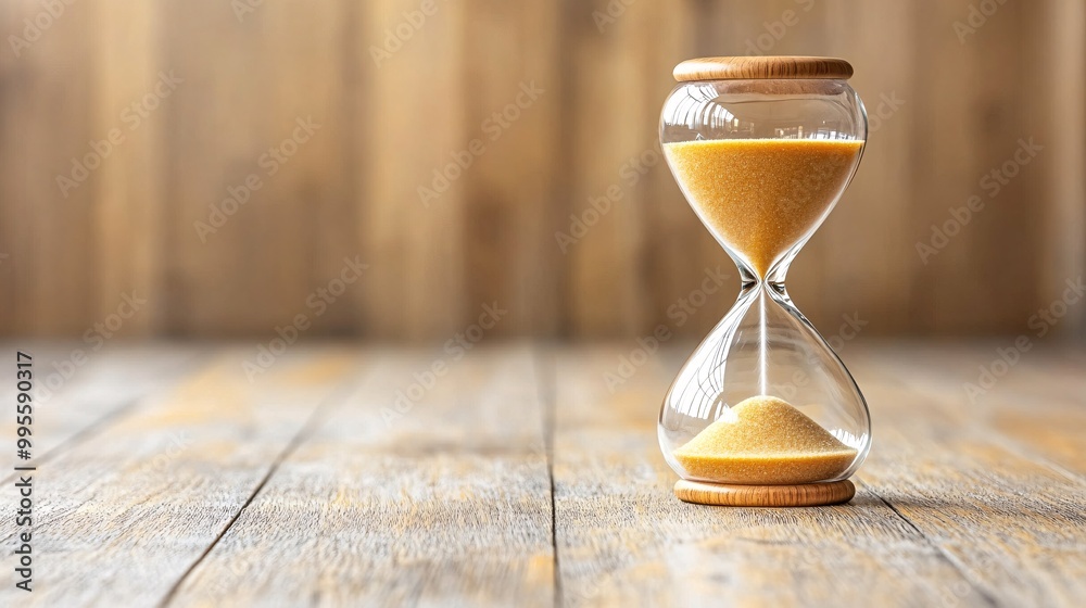 Poster An hourglass with sand flowing slowly down symbolizing the passage of time and the inevitability of change Large space for text in center Stock Photo with copy space