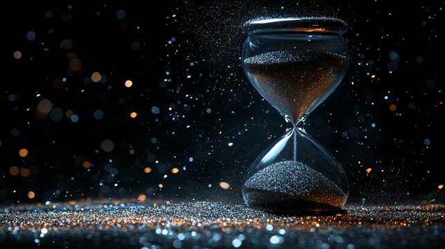 A close-up of an hourglass with grains of sand falling through the narrow neck representing the urgency of time running out Large space for text in center Stock Photo with copy space