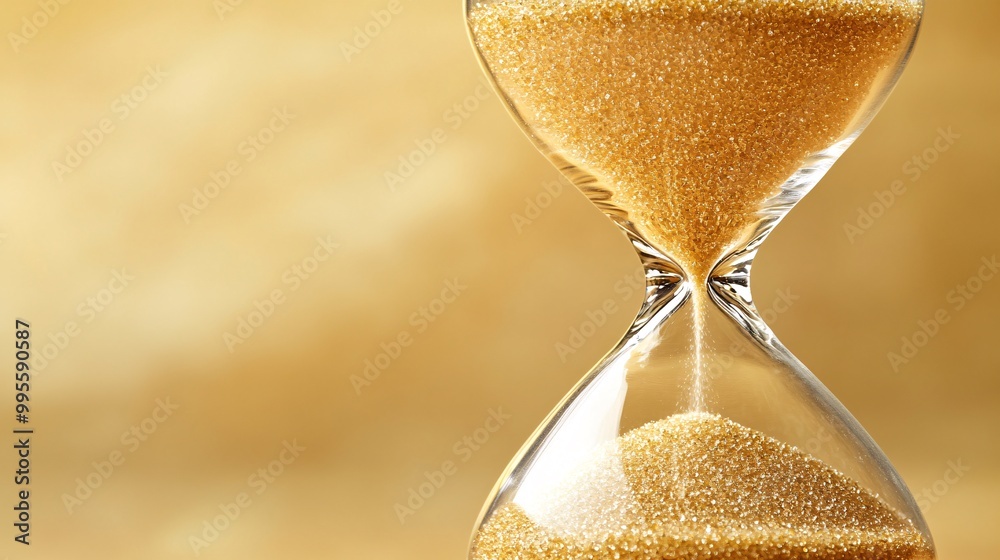 Poster A close-up of an hourglass with grains of sand falling through the narrow neck representing the urgency of time running out Large space for text in center Stock Photo with copy space