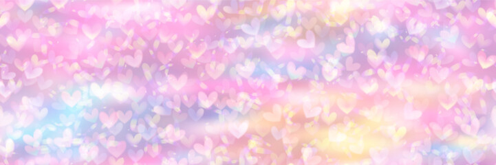 Cute unicorn candy bg with hearts seamless pattern. Pink rainbow watercolor pastel sky. Princess gradient background. Abstract vector wallpaper.
