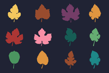 Collection of colorful leaves isolated on white background. Beautiful doodle hand drawn leaves. 