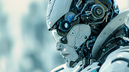 Fototapeta premium Portrait of an android robot, concept of technical support. Neural network AI generated art