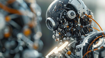 Fototapeta premium Portrait of an android robot, concept of technical support. Neural network AI generated art