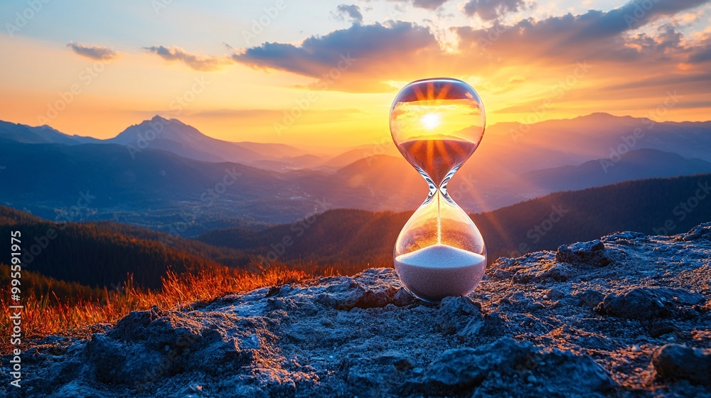Poster An hourglass placed in front of a sunrise symbolizing new beginnings the passage of time and personal growth Large space for text in center Stock Photo with copy space