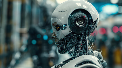 Fototapeta premium Portrait of an android robot, concept of technical support. Neural network AI generated art