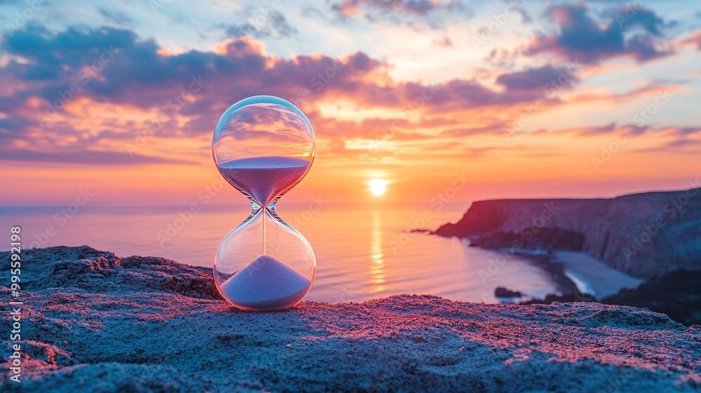 Poster An hourglass placed in front of a sunrise symbolizing new beginnings the passage of time and personal growth Large space for text in center Stock Photo with copy space
