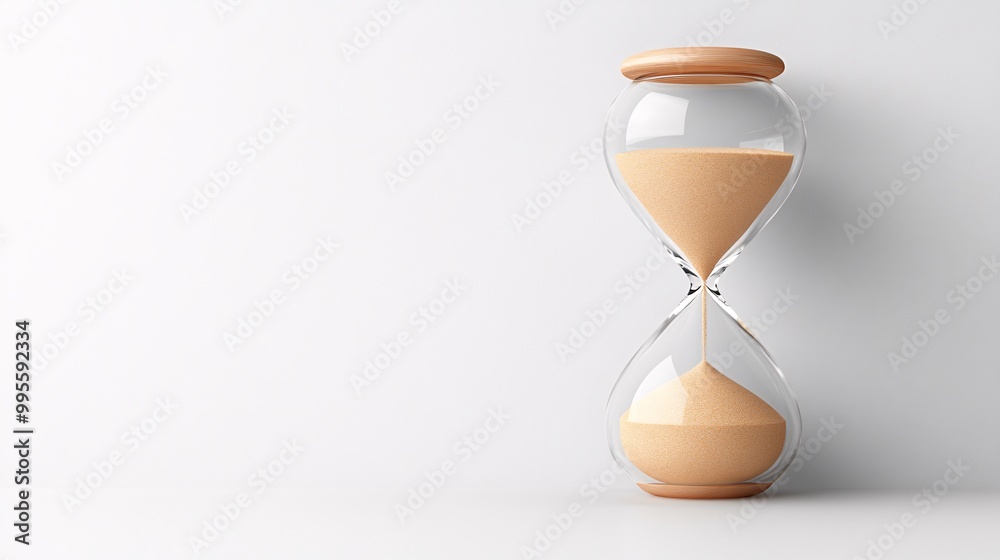 Aufkleber A minimalist hourglass on a plain white background with sand nearly running out representing time urgency and pressure to act Large space for text in center Stock Photo with copy space