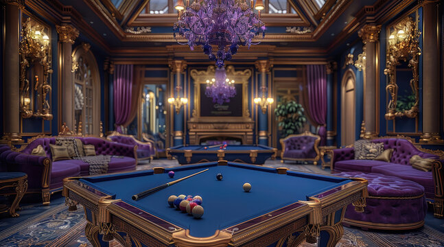 A lavish billiard room featuring a custom-made pool table, the surface covered in deep blue felt with shimmering gold crystal embellishments on the legs and sides. Above the table, a grand chandelier.