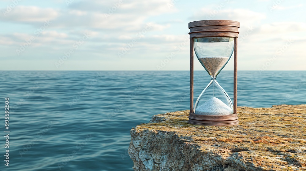 Poster An hourglass standing on the edge of a cliff with a vast landscape in the background representing the fragility of life and the passage of time Large space for text in center Stock Photo with copy