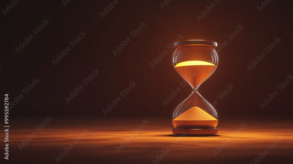Poster A 3D-rendered hourglass with metallic sand slowly falling representing modern lifes urgency and the pressure to succeed before time runs out Large space for text in center Stock Photo with copy space
