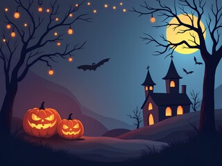 Fototapeta premium Spooky Halloween Background illustration with Glowing Pumpkins, Mysterious Castle, Bats and Full Moon