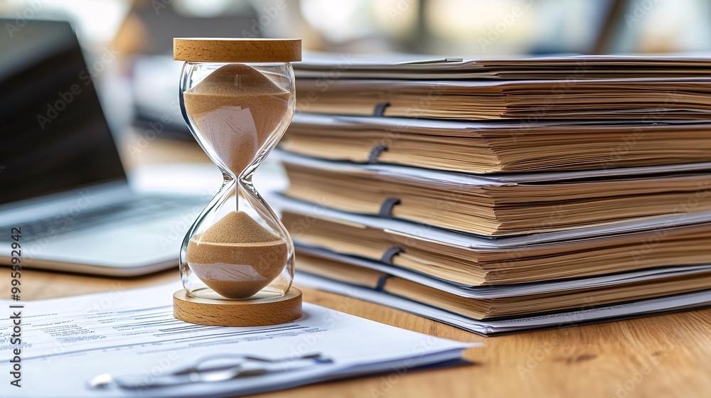 Fototapete An hourglass placed between stacks of paperwork and a laptop symbolizing the pressure of deadlines and the need to manage time effectively Large space for text in center Stock Photo with copy space