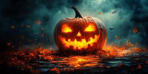 Naklejka premium The sight of flickering lanterns and eerie fog sets the mood for a thrilling Halloween party