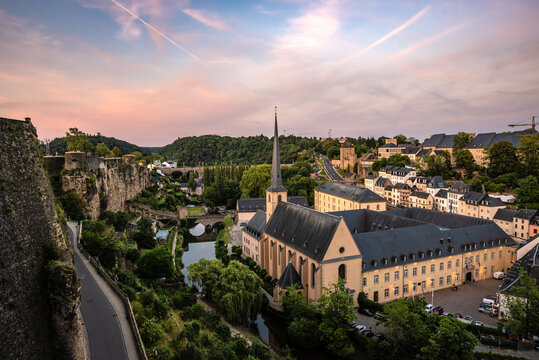 A Magical Sunset over Neumunster Abbey and the Grund from Chemin de la Corniche - Luxembourg City