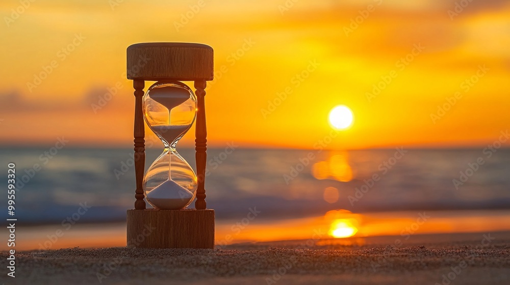 Aufkleber An hourglass in front of a sunset symbolizing the end of a day and the passage of time towards inevitable change Large space for text in center Stock Photo with copy space