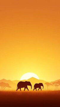 Fototapeta Elephants walking across the savannah flat design, side view, safari theme, animation, Complementary Color Scheme