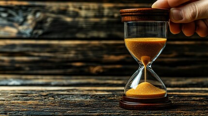 A hand holding an hourglass as sand begins to run out symbolizing the importance of prioritizing time and making meaningful decisions Large space for text in center Stock Photo with copy space