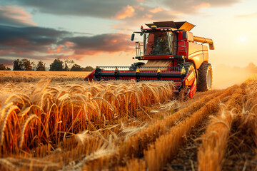 Fototapeta premium A red combine harvester is driving through a field of wheat, generative ai image.,