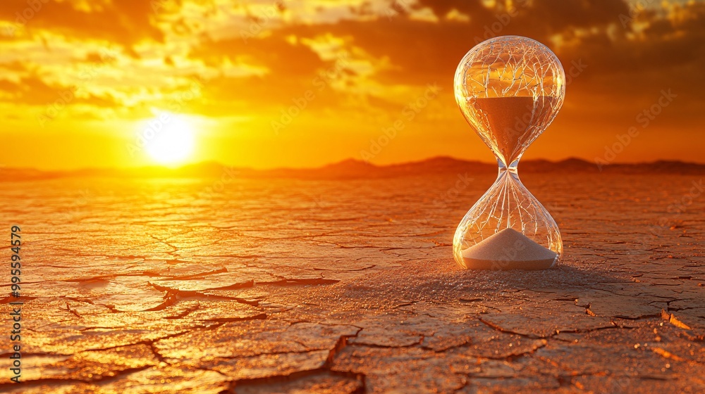 Poster a cracked hourglass with sand spilling out onto the ground symbolizing the fragility of life and the