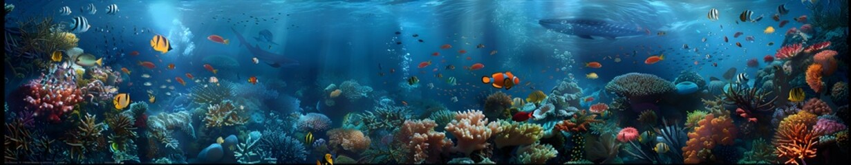 A panoramic view of the underwater coral reef, teeming with colorful fish and sea creatures. The ocean's surface is calm as various marine life swims around in an enchanting display of colors and beau