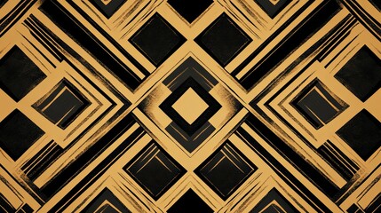 A geometric pattern featuring interlocking shapes in black and gold, creating a visually striking design.