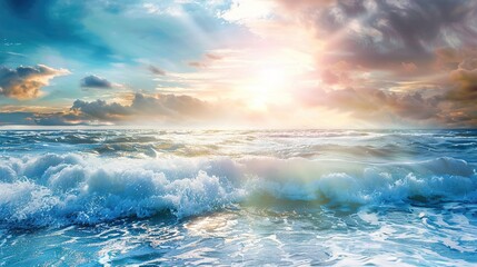 Obraz premium blue sky, bright sun and waves on the ocean, sea wallpaper, travel background