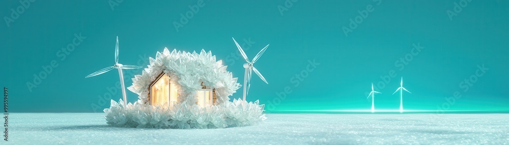 Wall mural Crystal House with Windmills on Turquoise Background.