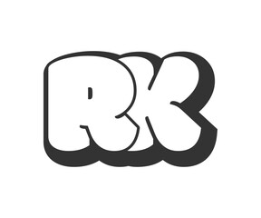 RK logo, bubble comic lettering, rounded in graffiti style black and white silhouette. Trendy preschool R and K letter text for festival party, personal initials, children funky print and web.